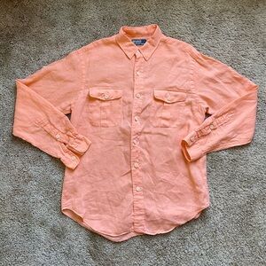 Men’s Medium Polo by Ralph Lauren Button Down Linen Dress Shirt Peach Summer